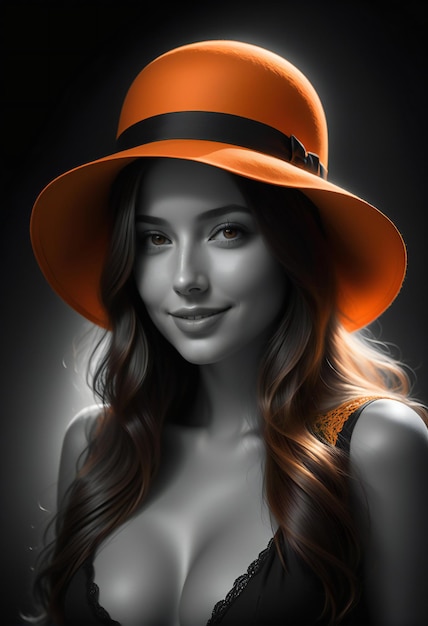 Portrait of a beautiful girl with orange hat on a black background