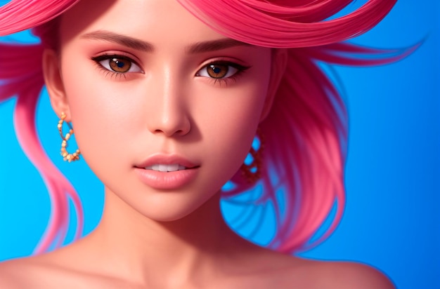 Portrait of a beautiful girl with pink hair on a blue background Generative AI