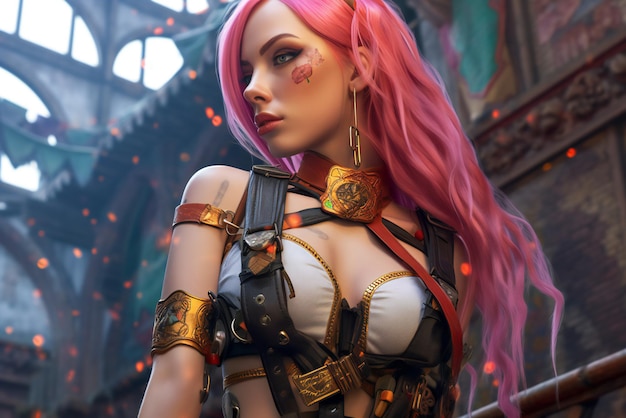 Foto ritratto di una bella ragazza con i capelli rosa in un costume cosplay