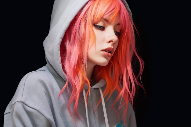 Portrait of a beautiful girl with pink hair in a hoodie on a black background