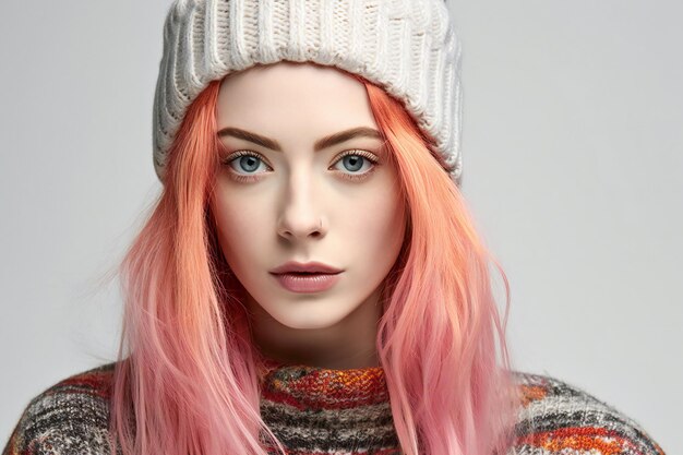 Portrait of a beautiful girl with pink hair in a knitted hat and sweater