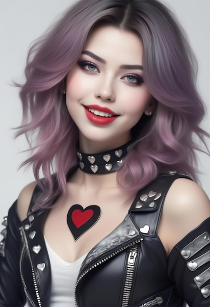 Portrait of a beautiful girl with pink hair and makeup in a leather jacket