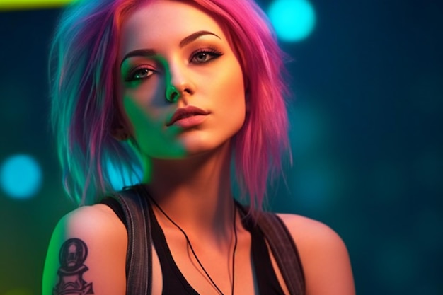 Portrait of a beautiful girl with pink hair in a nightclub