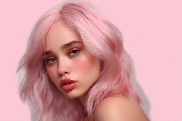 ピンクの背景にピンクの髪の美しい女の子の肖像画