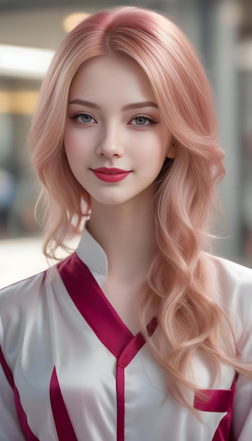 Portrait of a beautiful girl with pink hair in a white coat
