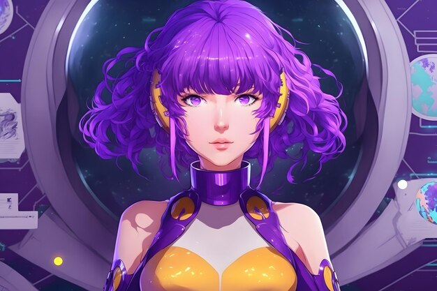 Portrait of a beautiful girl with purple hair in anime style Neural network AI generated