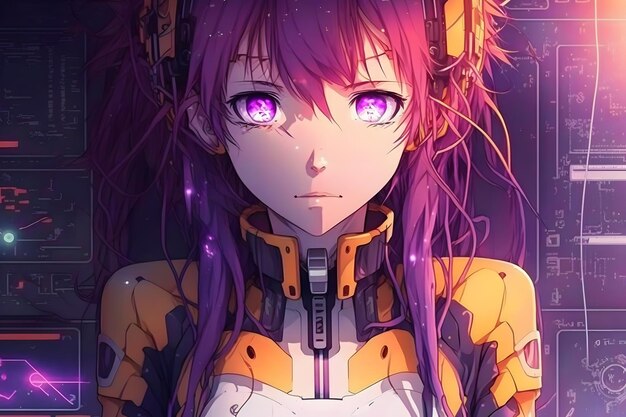 Ritratto di una bella ragazza con i capelli viola in rete neurale ai generata in stile anime