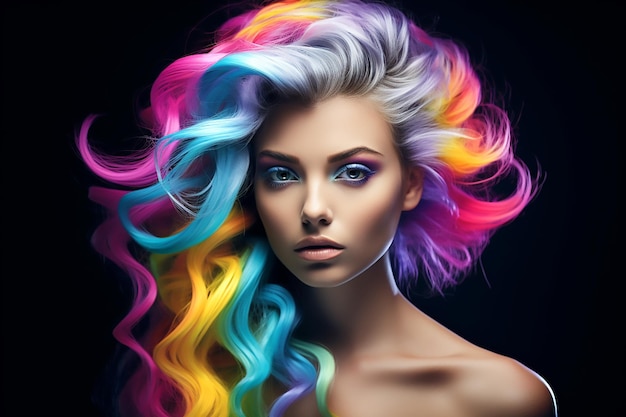 Portrait of a beautiful girl with rainbow neon asymmetric hair style on black background