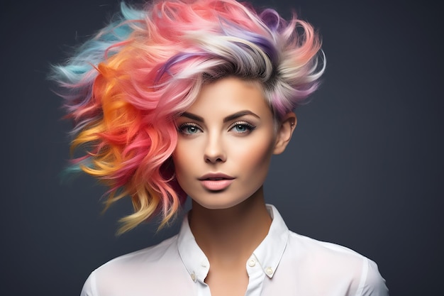 Portrait of a beautiful girl with rainbow neon asymmetric hair style on gray background