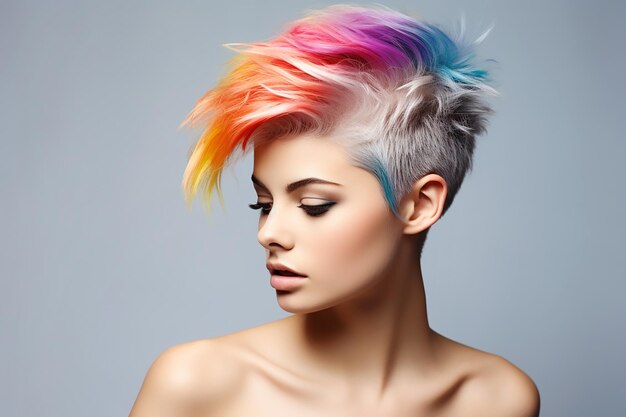 Portrait of a beautiful girl with rainbow neon asymmetric hair style on gray background