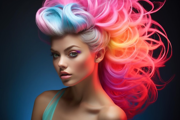 黒い背景に虹のネオンのヘアスタイルを持つ美しい女の子のポートレート生成AI
