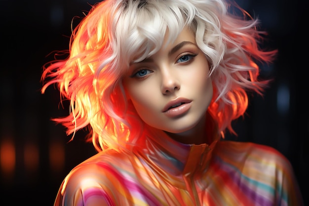 Portrait of a beautiful girl with rainbow neon hair style on black background Generative AI