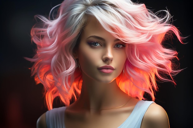 Portrait of a beautiful girl with rainbow neon hair style on black background Generative AI