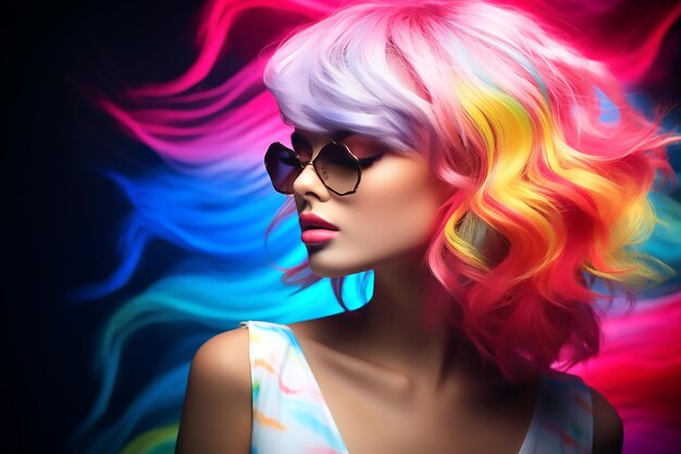 Photo portrait of a beautiful girl with rainbow neon hair style on black background