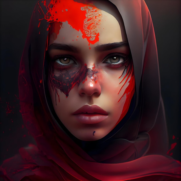 Portrait of a beautiful girl with red blood on her face
