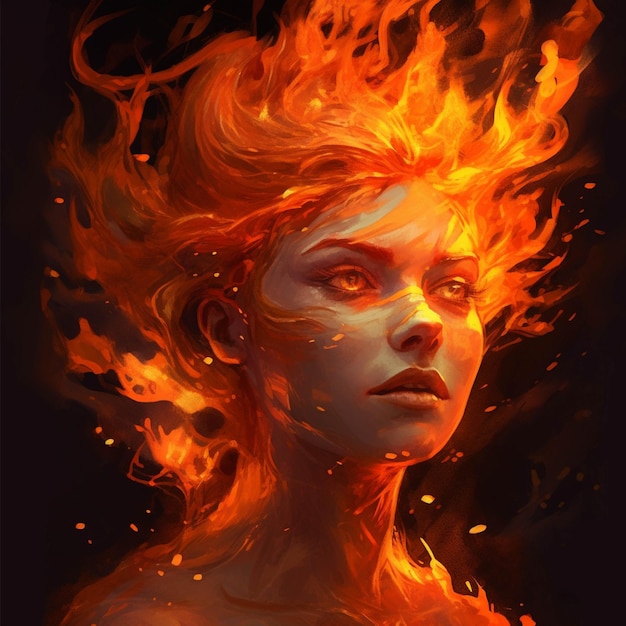 Portrait of a beautiful girl with red hair in fire flames