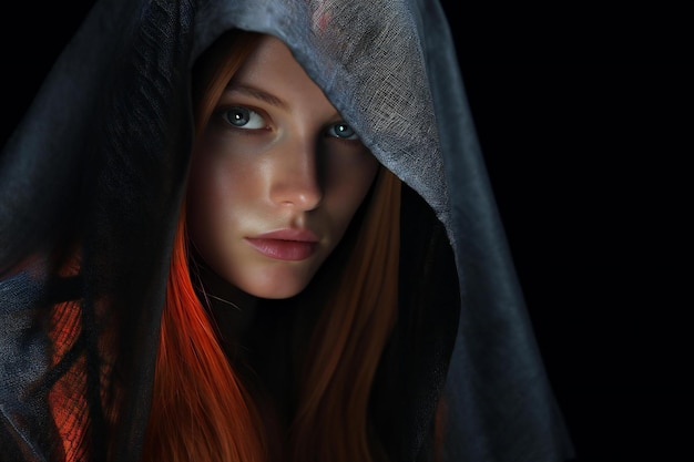 Portrait of a beautiful girl with red hair in a gray hood