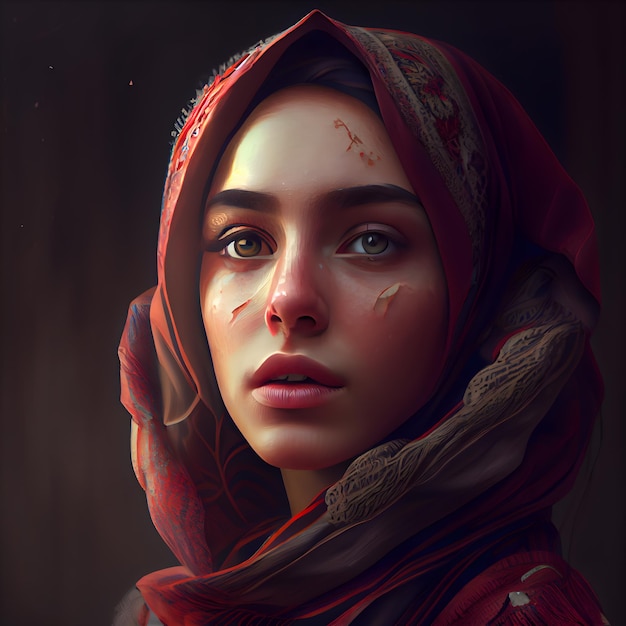 Portrait of a beautiful girl with a red scarf on her head