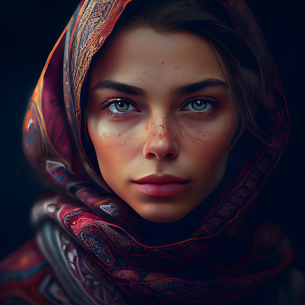 Portrait of a beautiful girl with a scarf on her head