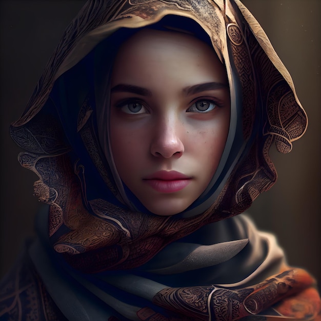 Premium AI Image | Portrait of a beautiful girl with a shawl on her head