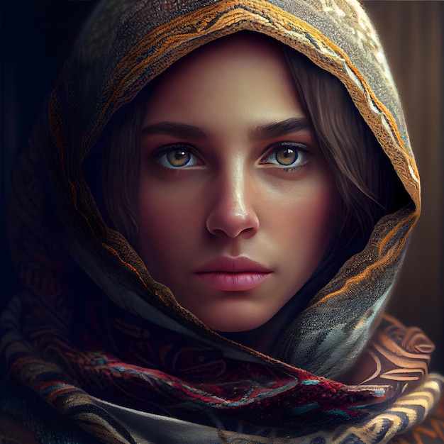 Portrait of a beautiful girl with a shawl on her head