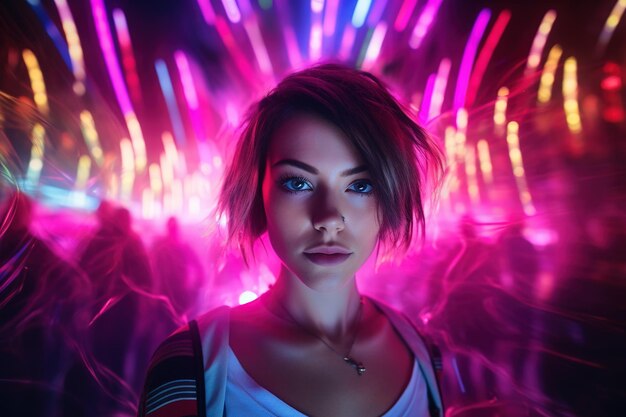 Portrait of a beautiful girl with short hair dancing in a nightclub