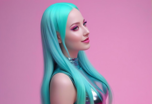 Portrait of a beautiful girl with turquoise hair on a pink background