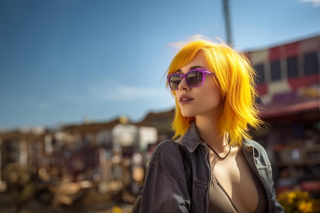 Photo portrait of beautiful girl with yellow hair generative ai image