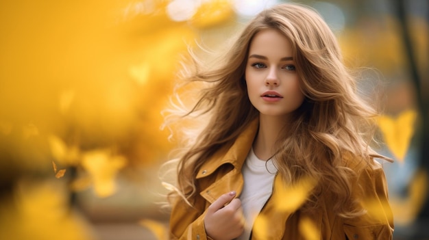 Portrait of a beautiful girl in a yellow coat in the autumn