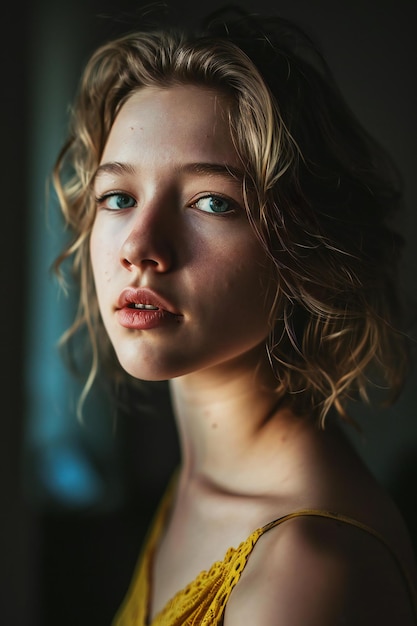 Portrait of a beautiful girl in a yellow dress with curly hair