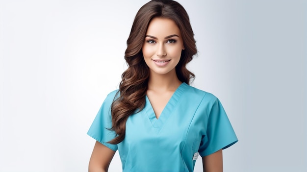 Portrait of a beautiful goodlooking young nurse smiling in a white background