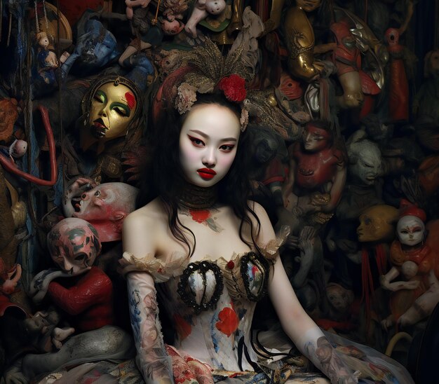 Portrait of a beautiful gothic girl with red lips and carnival mask