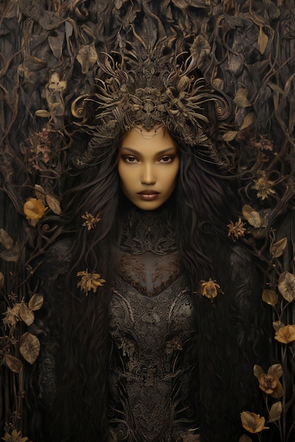 Portrait of a beautiful gothic girl in a wreath of autumn leaves