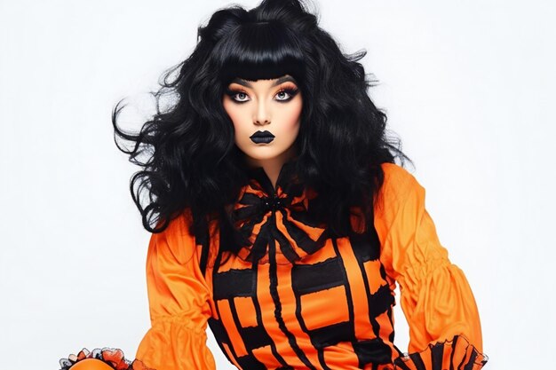 Portrait of a beautiful gothic woman with black curly hair in an orange Halloween costume