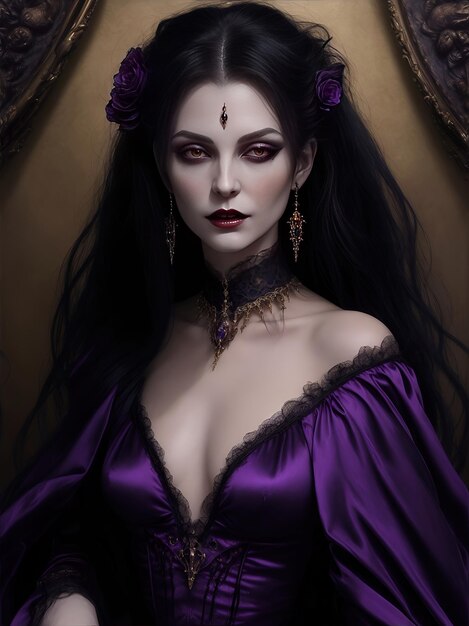 Portrait of a beautiful gothic woman with dark hair and purple dress