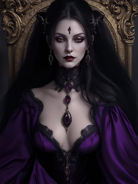 검은 머리에 보라색 드레스를 입은 아름다운 고딕 여성의 초상화