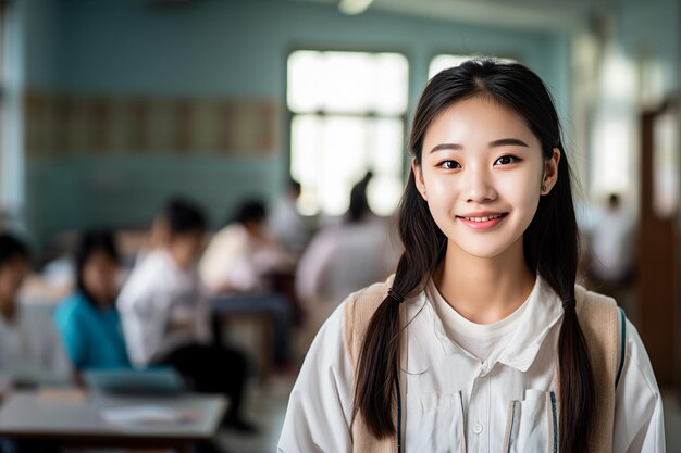 Foto ritratto di una bella e felice studentessa asiatica in classe