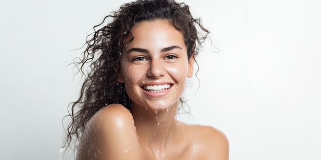 美しい幸せな笑顔の自信のある女性が顔を洗っている肖像画