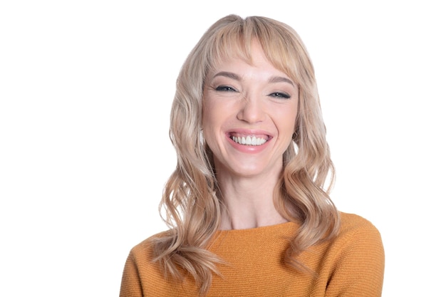 Portrait of beautiful happy woman posing isolated on white