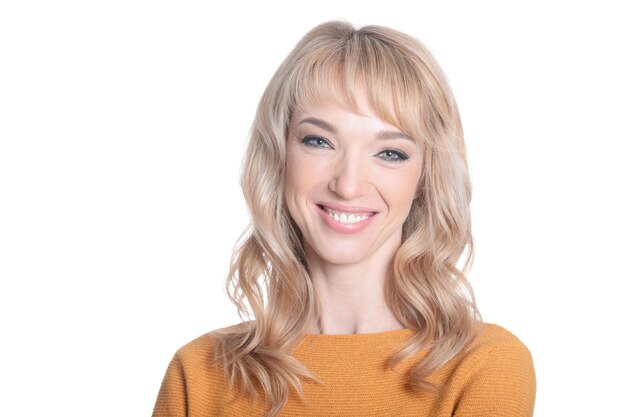 Portrait of beautiful happy woman posing isolated