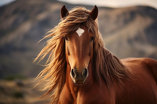 Portrait of a beautiful horse with long mane on the field