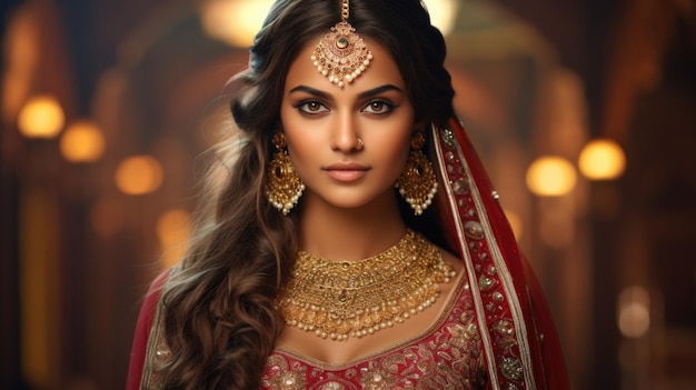 Портрет красивой индийской девушки в традиционном индийском костюме с украшениями кундан