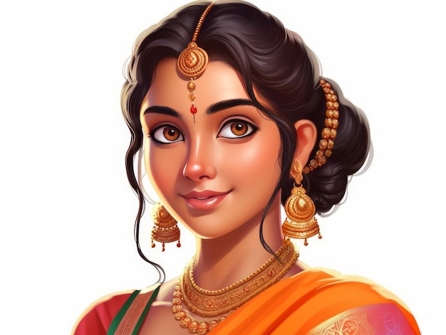 흰색 배경 생성 AI에 웃고 있는 아름다운 인도 시타 여성의 초상화