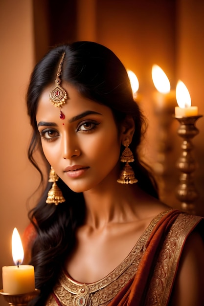 Foto ritratto di una bella donna indiana nel tradizionale vestito saree indiano con candele festive