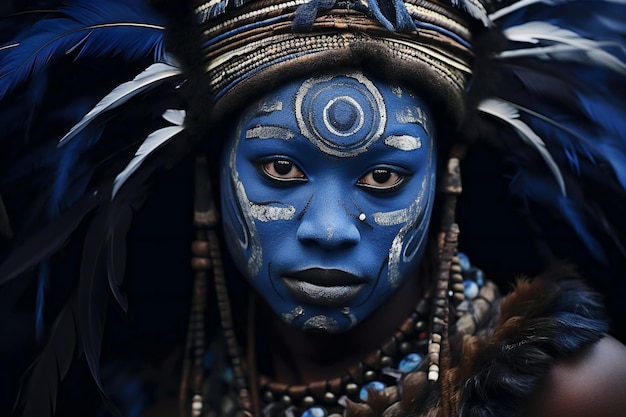 Portrait of a beautiful indian woman with blue mask and feathers