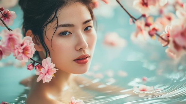 Portrait of beautiful Japanese enjoying spa surrounded by flowers spa concept skincare