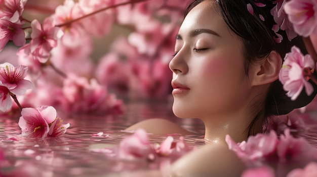 Portrait of beautiful Japanese enjoying spa surrounded by flowers spa concept skincare