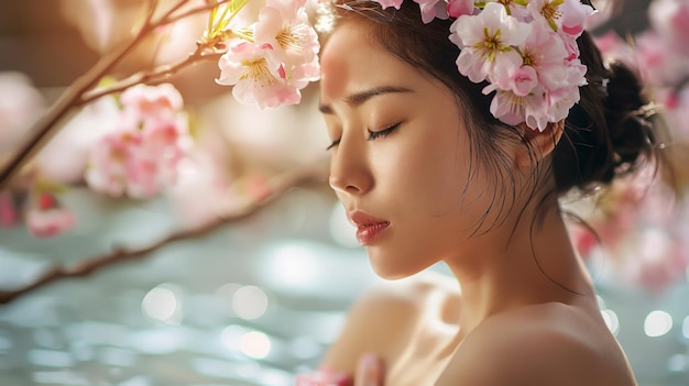 Portrait of beautiful Japanese enjoying spa surrounded by flowers spa concept skincare