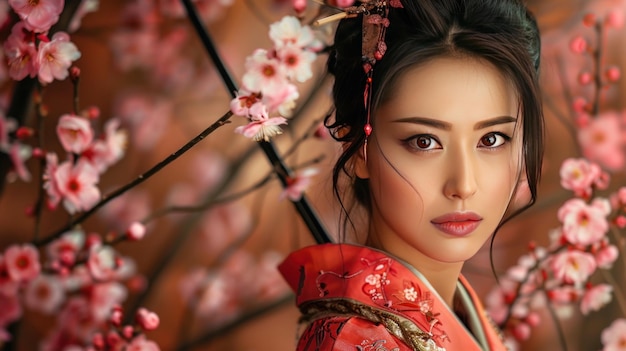 Foto ritratto di una bellissima donna samurai giapponese con il viso in fiore di ciliegio immagine generata dall'ai