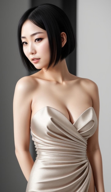 Portrait of a beautiful japanese woman in a strapless draped evening gown